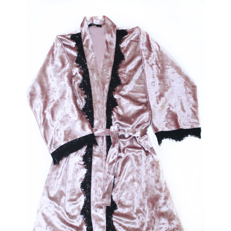 Халат жіночий із мармурового велюру під пояс. темна пудра, M/L