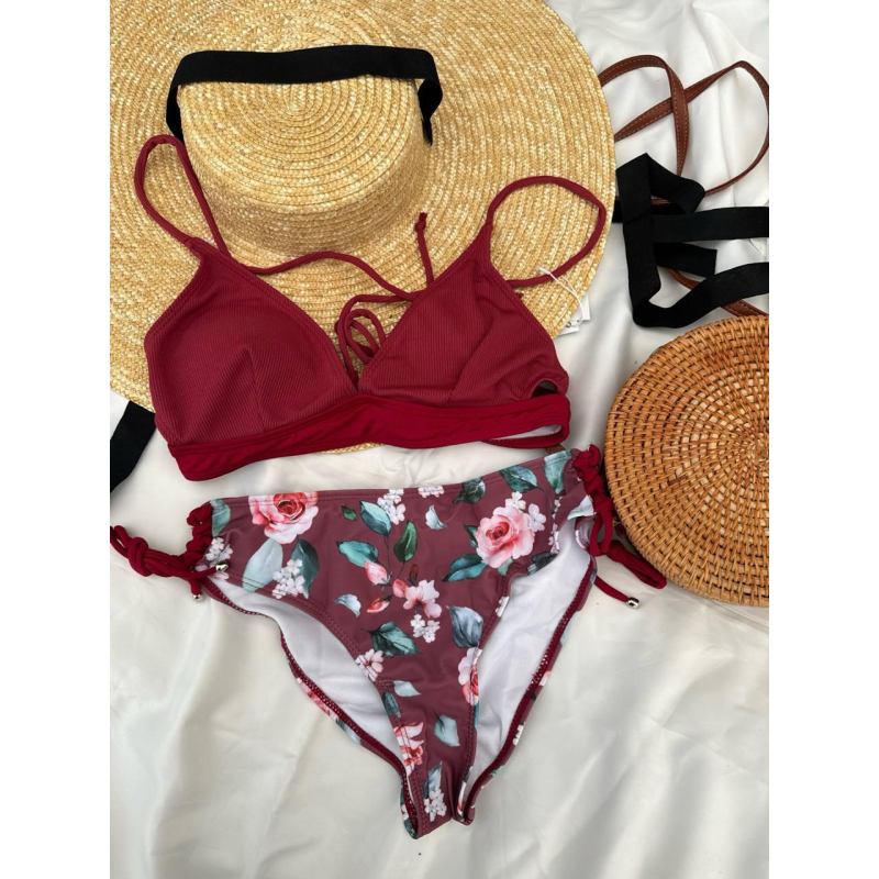 Жіночий роздільний купальник із шнуровкою Бордо, S