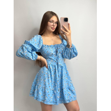 Жіноче софтове плаття на ґудзиках із довгим рукавом. Блакитний, Квітковий принт, XS-S