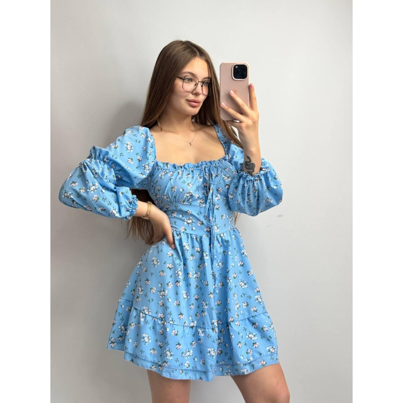 Жіноче софтове плаття на ґудзиках із довгим рукавом. Блакитний, Квітковий принт, XS-S