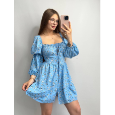 Жіноче софтове плаття на ґудзиках із довгим рукавом. Блакитний, Квітковий принт, M-L