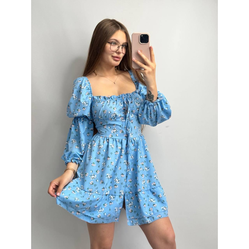 Жіноче софтове плаття на ґудзиках із довгим рукавом. Блакитний, Квітковий принт, M-L