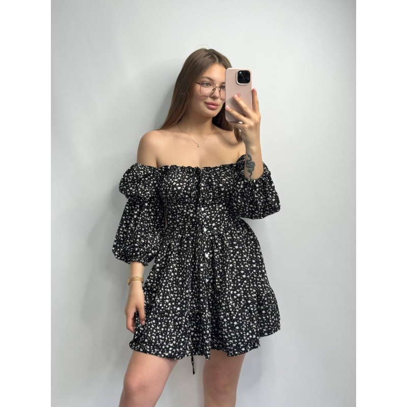 Жіноче софтове плаття на ґудзиках із довгим рукавом. Чорний, Квітковий принт, M-L