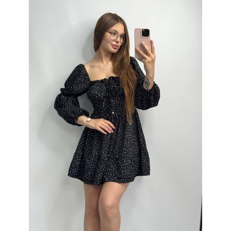 Жіноче софтове плаття на ґудзиках із довгим рукавом. Чорний, Горох, XS-S