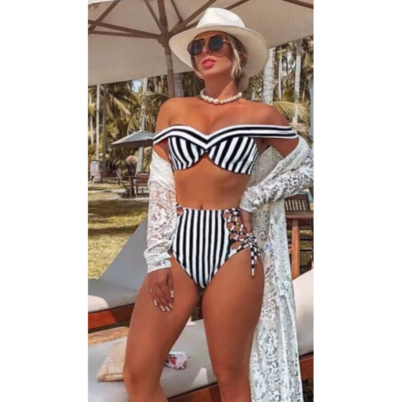 Жіночий роздільний купальник  з високою посадкою у смужку Білий S