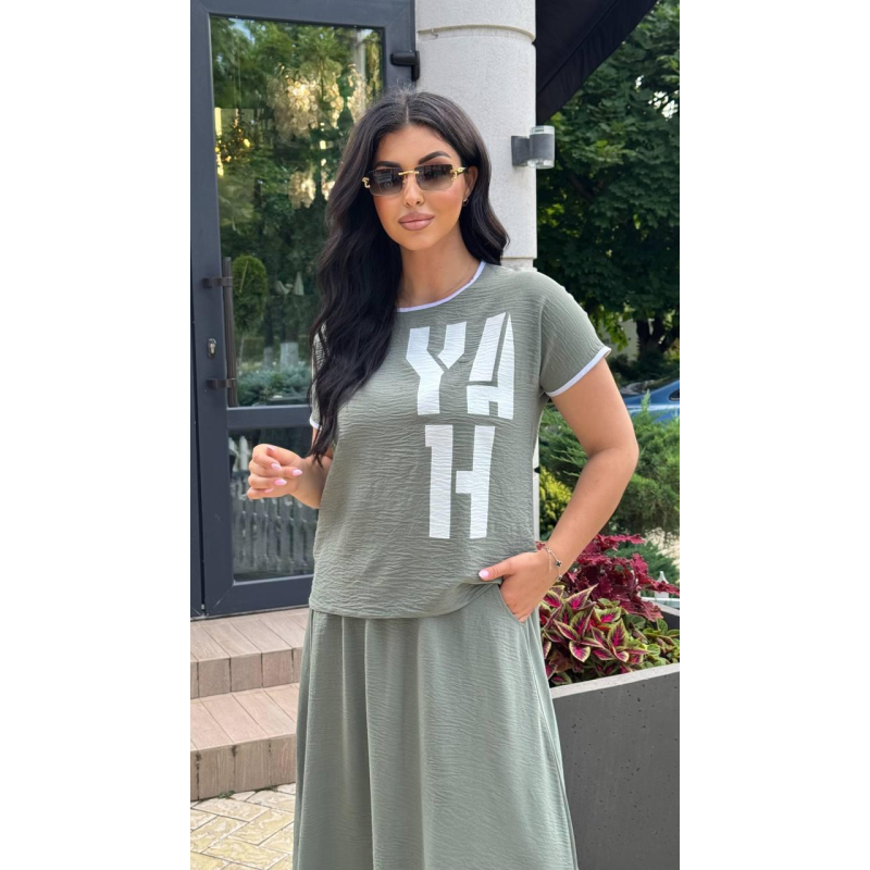 Костюм жіночий футболка зі спідницею Оливковий, 50/52