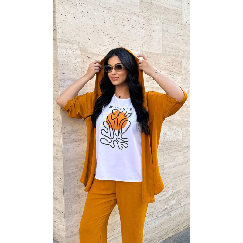 Костюм жіночий трійка зі штанами Гірчичний, 58/60