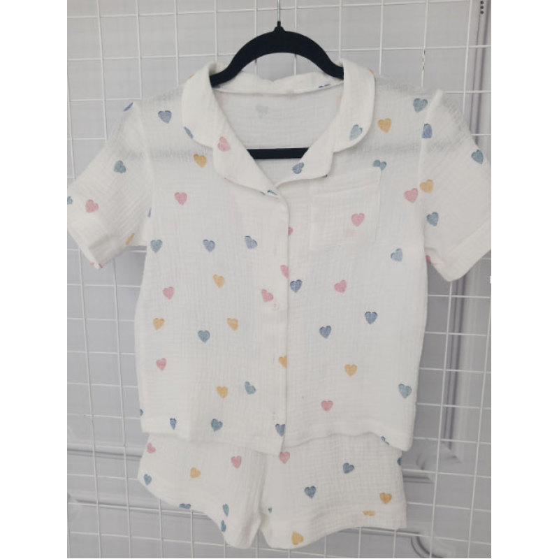 Дитяча піжама з мусліна шорти з сорочкою Молочний, Сині сердечка, 134-140