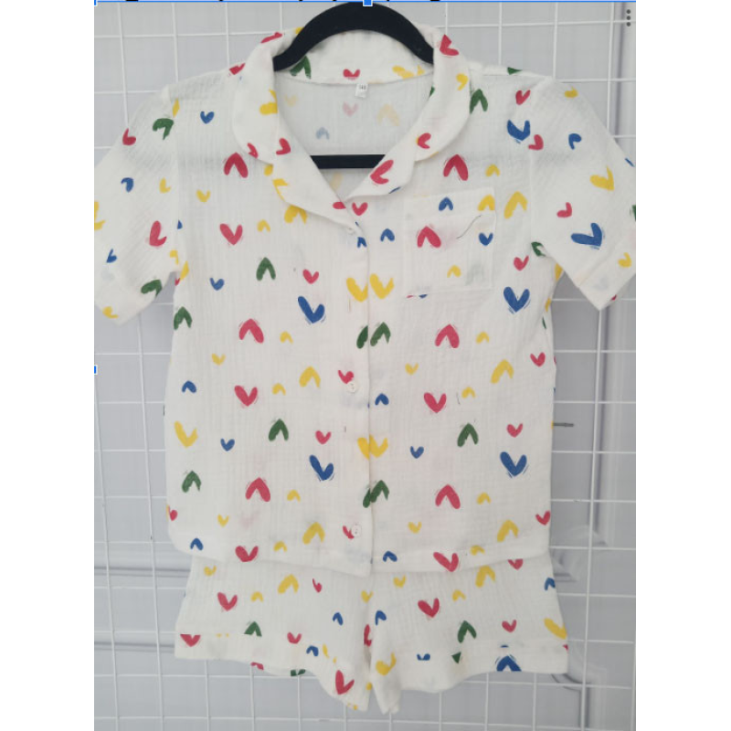 Дитяча піжама з мусліна шорти з сорочкою Молочний, Кольорові сердечка, 146-152