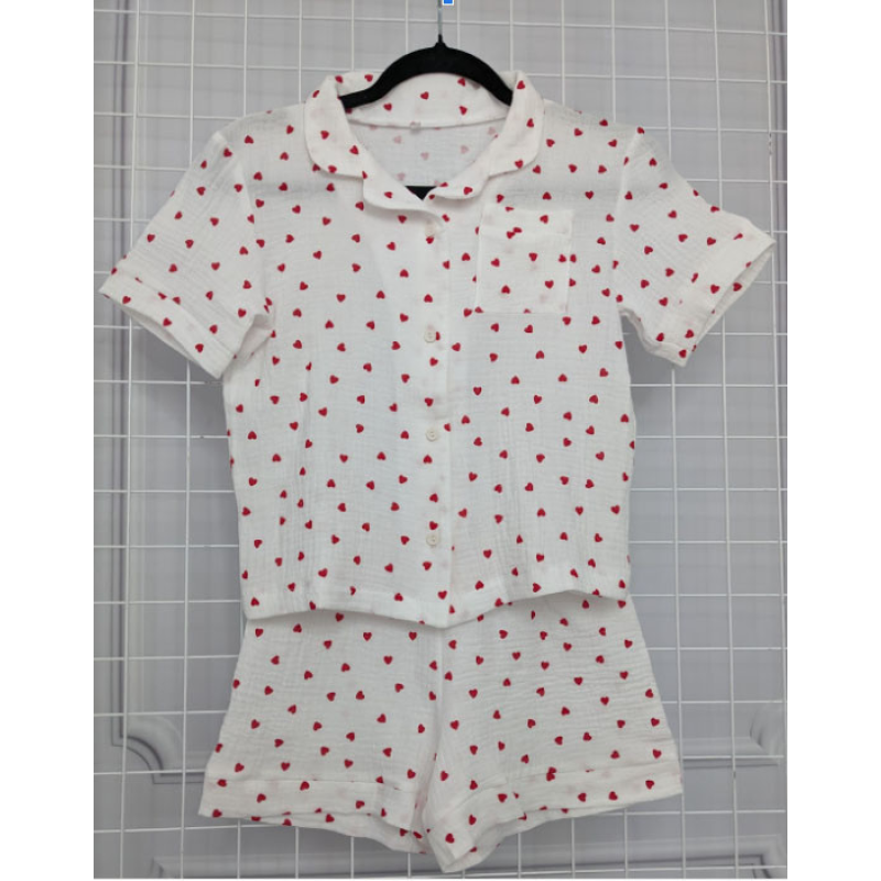 Дитяча піжама з мусліна шорти з сорочкою Молочна, Червоні сердечка, 122-128