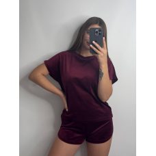 Піжама жіноча велюрова футболка + шорти з плюшевого велюру, бордо S