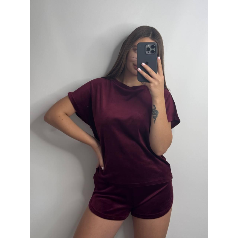 Піжама жіноча велюрова футболка + шорти з плюшевого велюру, бордо S