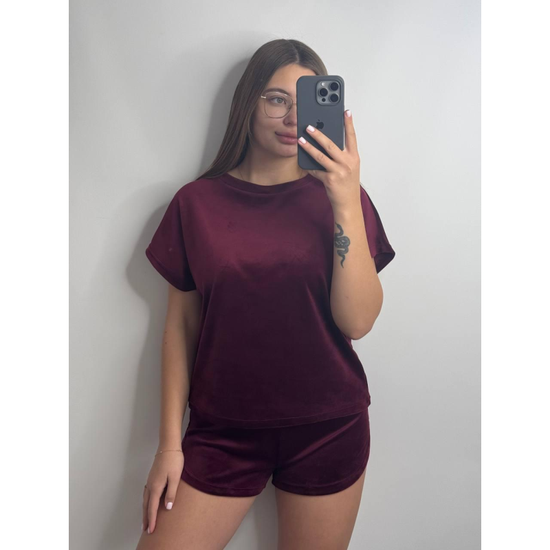 Піжама футболка + шорти з плюшевого велюру Бордо, M