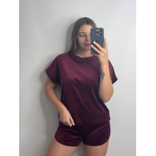 Піжама футболка + шорти з плюшевого велюру Бордо, L