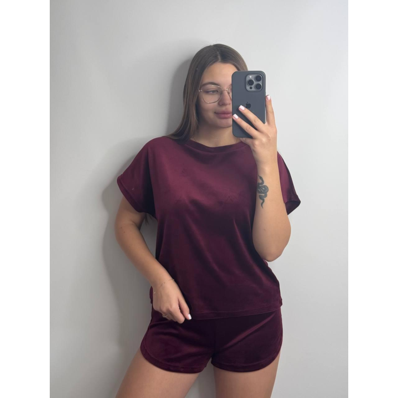 Піжама футболка + шорти з плюшевого велюру Бордо, XL