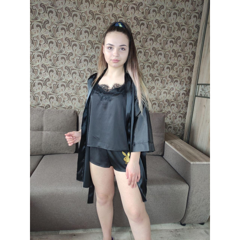 Комплект халат, піжама жіноча  з мереживом майка+шорти, чорний, XS