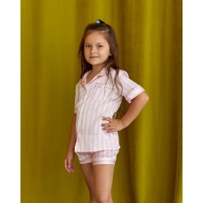 Дитяча піжамка із сатину шорти з сорочкою, Світло-рожева смужка, р.134-140