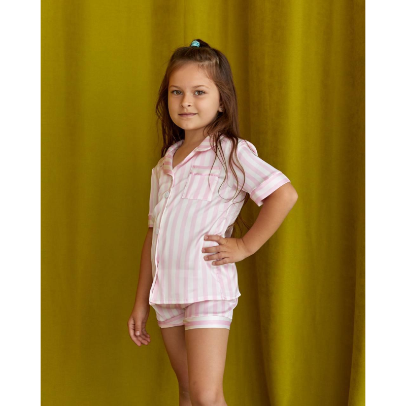 Дитяча піжамка із сатину шорти з сорочкою, Світло-рожева смужка, р.134-140