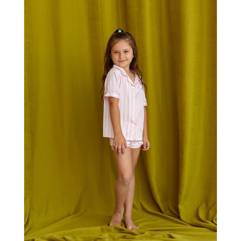 Дитяча піжамка із сатину шорти з сорочкою,  Світло-рожева смужка, р.146-152