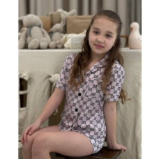 Дитяча піжамка із сатину шорти з сорочкою, Пудра, р.122-128