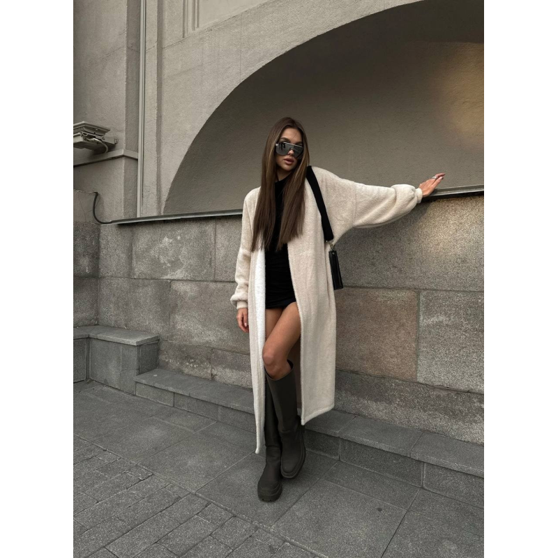 Жіночий кардиган довгий з поясом махровий, Бежевий, оверсайз
