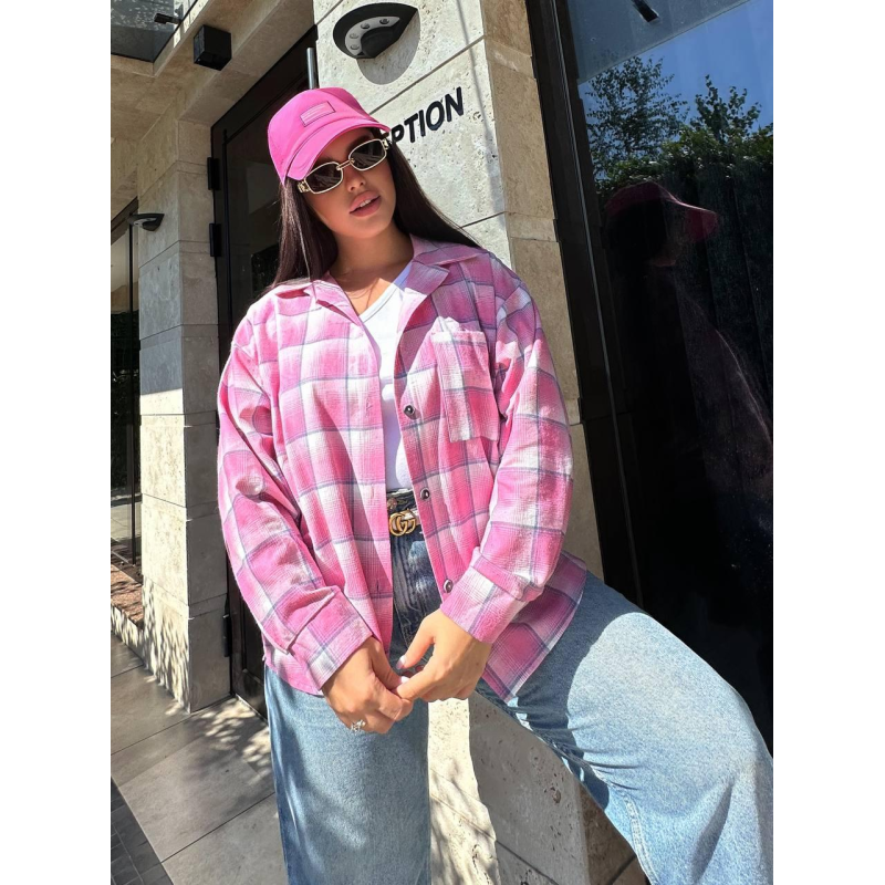 Сорочка жіноча оверсайз в клітинку, Рожевий, 54/56