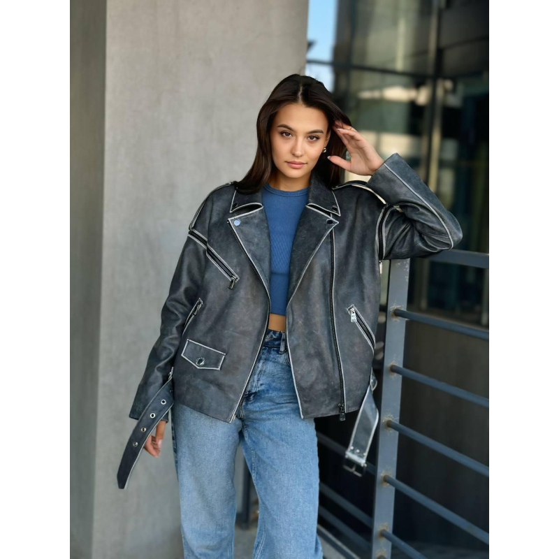 Натуральна шкіряна косуха жіноча трансформер, Сіра р.42