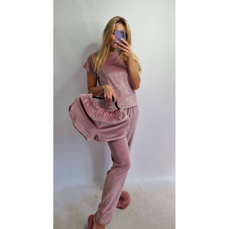 Піжама-комплект (футболка+шорти+штани) з плюшевого велюр,L Піжама-комплект (футболка+шорти+штани) з плюшевого велюр,L