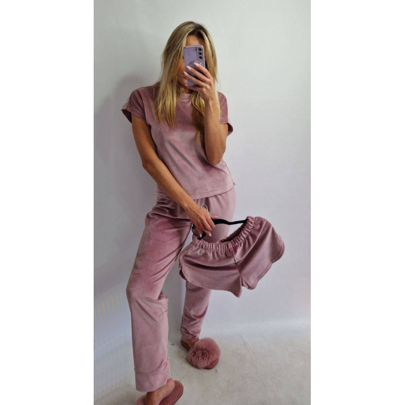 Піжама-комплект (футболка + шорти + штани) з плюшевого велюру Рожева пудра, XL
