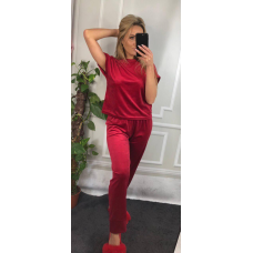 Піжама-комплект (футболка + шорти + штани) з плюшевого велюру вишневий, M