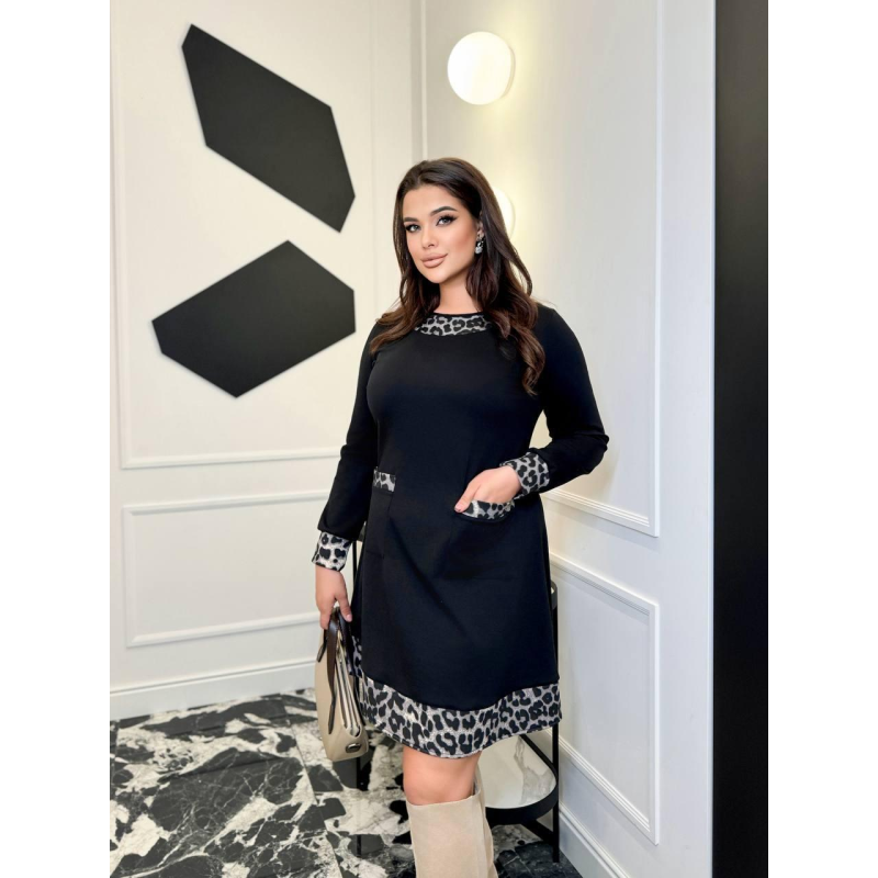 Сукня жіноча тепла, Чорний, Сірий Лео, 50/52 Сукня жіноча тепла, Чорний, Сірий Лео, 50/52