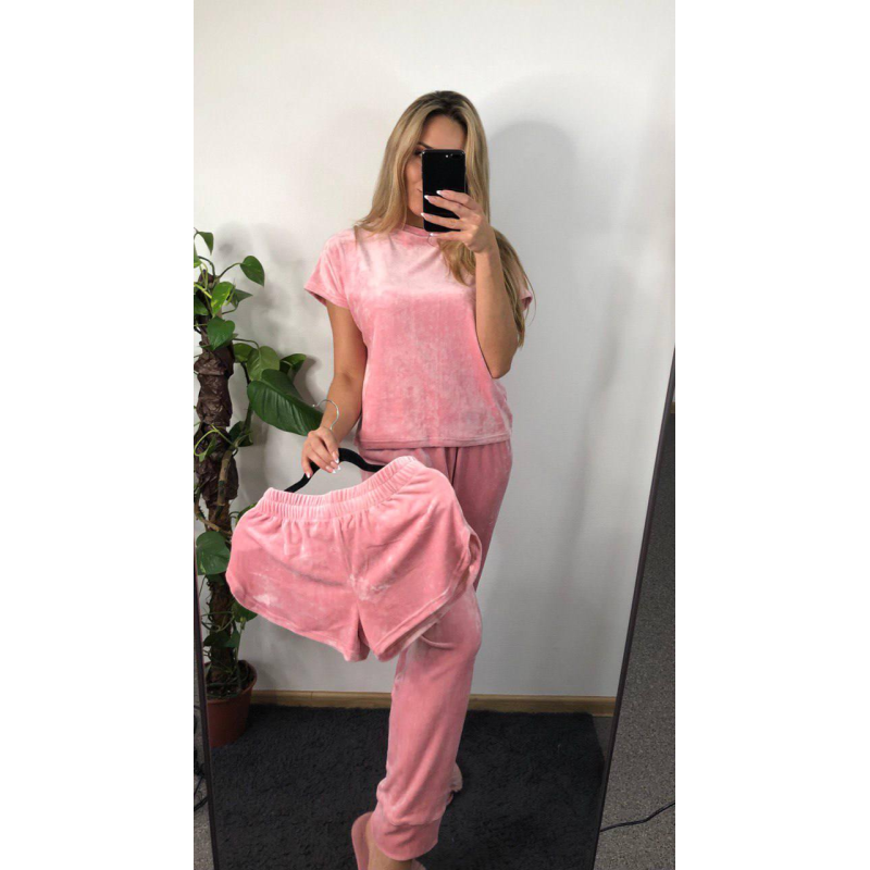 Піжама-комплект (футболка + шорти + штани) з плюшевого велюру світлий персик, XXL