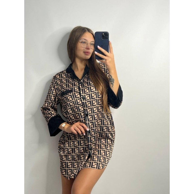 Нічна сорочка на ґудзиках сатинова в смужку, фенді, S