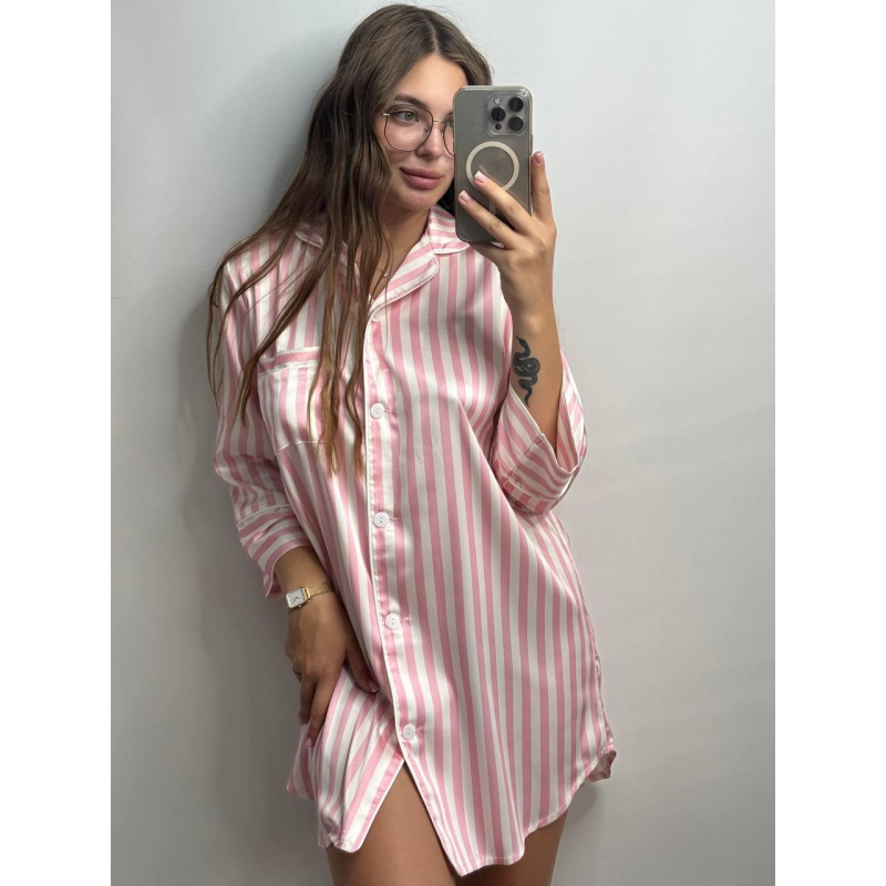 Жіноча нічна сорочка сатинова Рожева смужка, XL Жіноча нічна сорочка сатинова Рожева смужка, XL