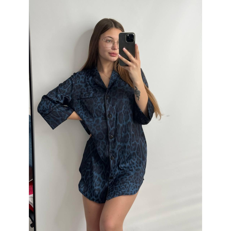 Жіноча нічна сорочка сатинова Синій лео, S