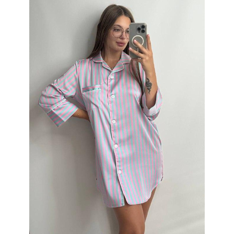 Жіноча нічна сорочка сатинова Блакитно-рожева смужка, S Жіноча нічна сорочка сатинова Блакитно-рожева смужка, S