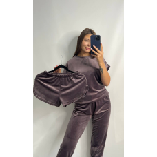 Піжама-комплект (футболка + шорти + штани) з плюшевого велюру, M Темний шоколад