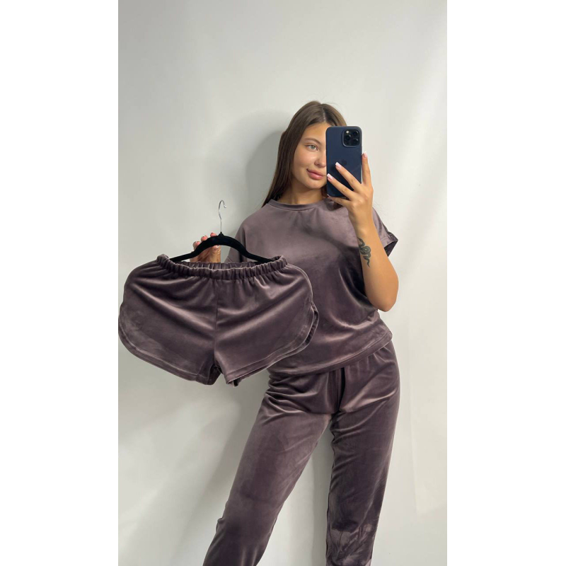 Піжама-комплект (футболка + шорти + штани) з плюшевого велюру, M Темний шоколад