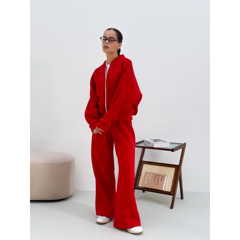 Теплий костюм на флісі жіночий з широкими штанами Червоний, 42/46 Теплий костюм на флісі жіночий з широкими штанами Червоний, 42/46