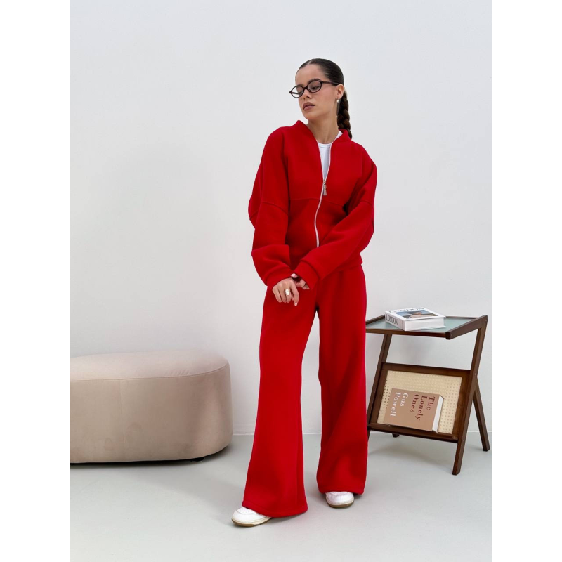 Теплий костюм на флісі жіночий з широкими штанами Червоний, 48/52 Теплий костюм на флісі жіночий з широкими штанами Червоний, 48/52