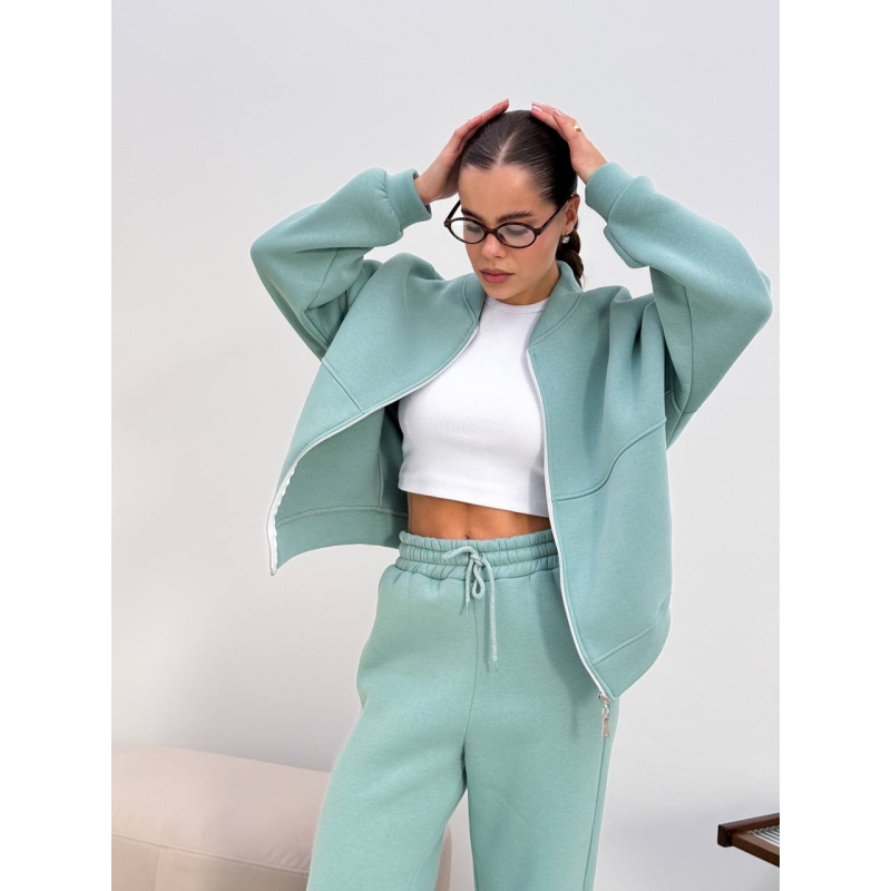 Жіночий теплий костюм-двійка з широкими штанами Оливка 42/46