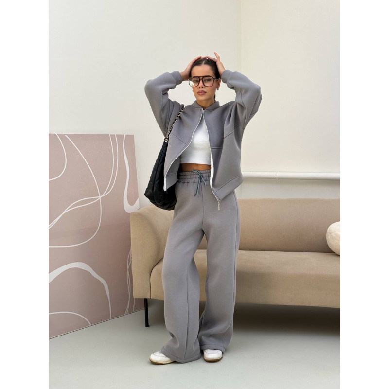 Жіночий теплий костюм-двійка з широкими штанами Сірий, 48/52