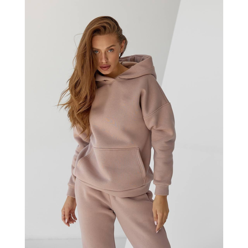 Жіночий спортивний теплий костюм оверсайз на флісі, M, Пудра