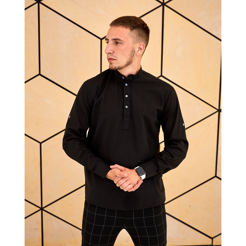Сорочка льон довгий рукав чорний S