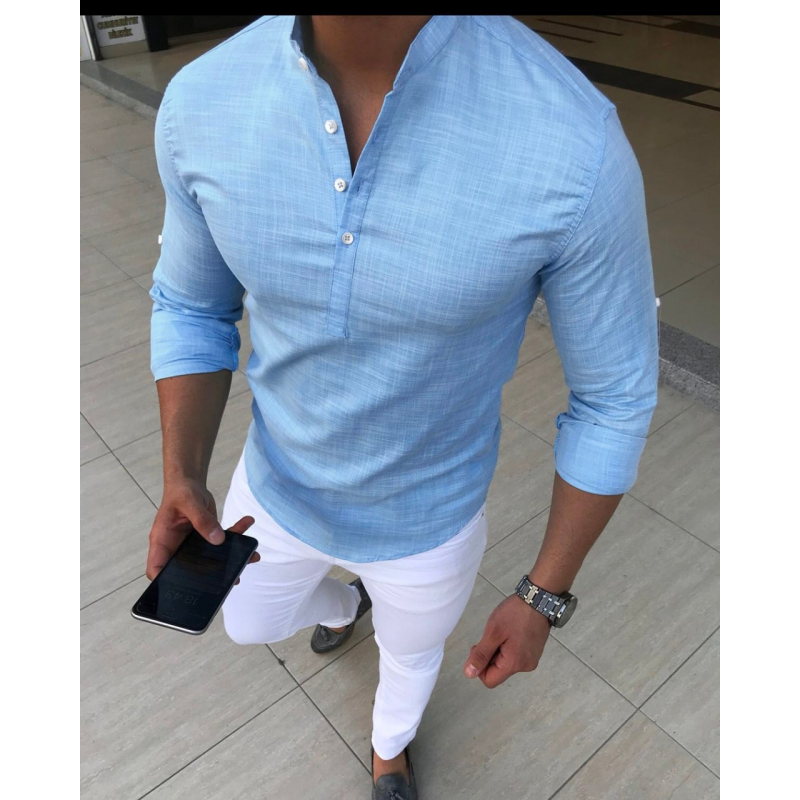 Сорочка льон довгий рукав блакитний S