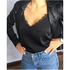 Базова майка жіноча з мереживом атлас чорний, L