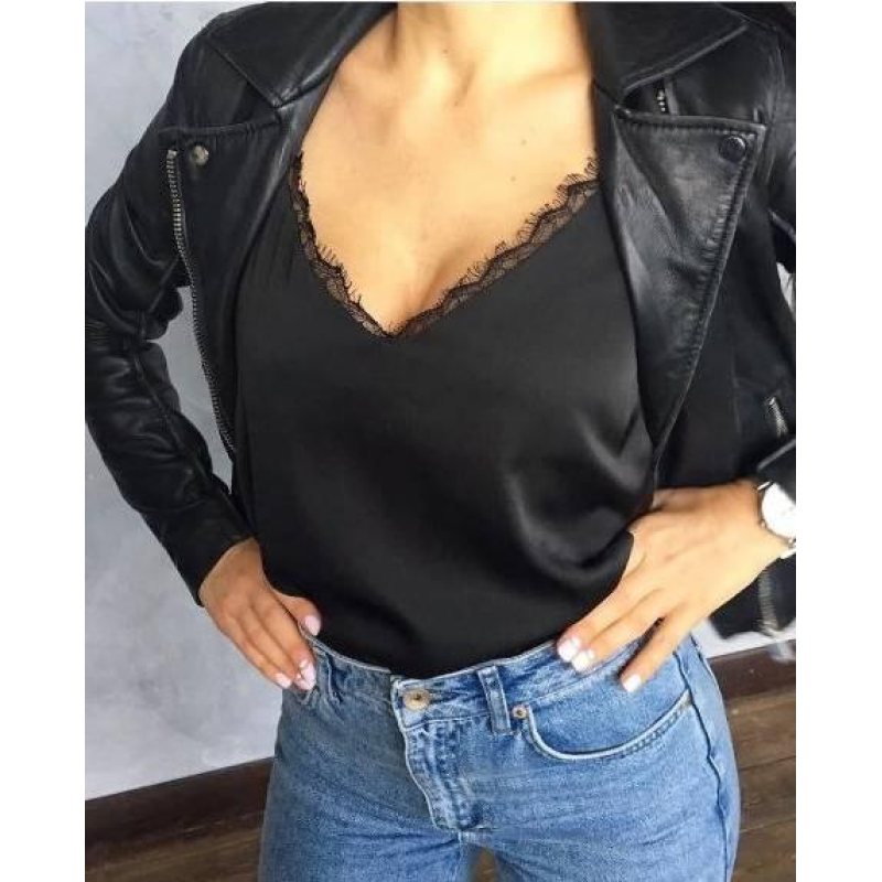 Базова майка жіноча з мереживом атлас чорний, XL