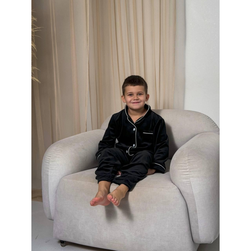 Дитяча велюрова тепла піжама дві кишені, Чорна 110-116
