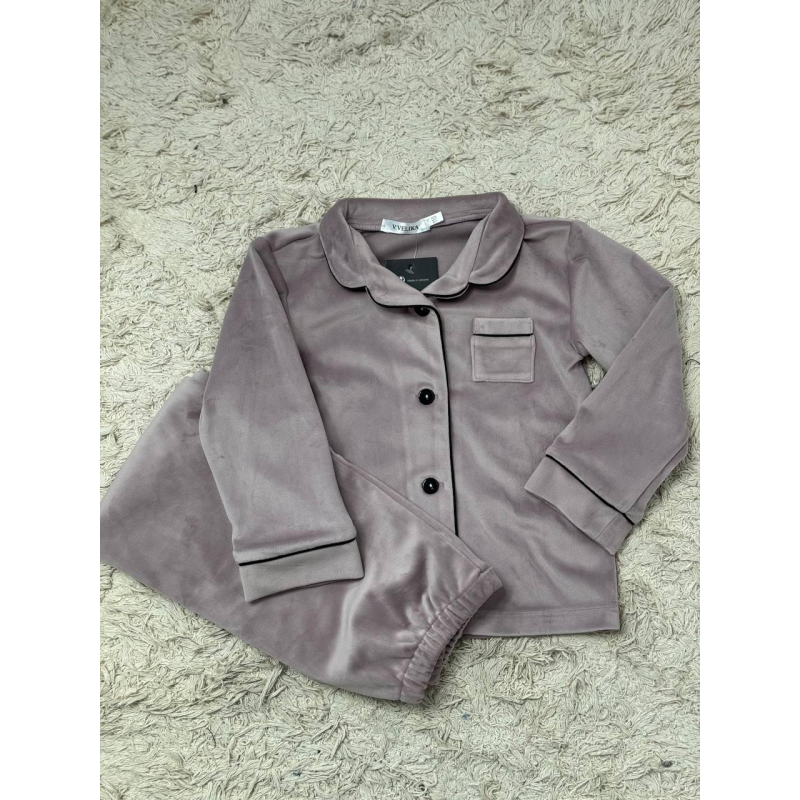 Дитяча велюрова тепла піжама одна кишеня, Пудра 122-128