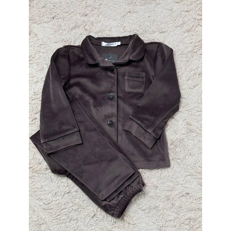 Дитяча велюрова тепла піжама одна кишеня, Шоколадний 122-128